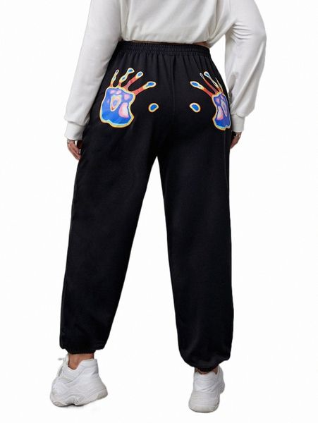 plus hand print slant pocket sweatpants q9fk#, Black 
plus hand print slant pocket sweatpants q9fk#, Black