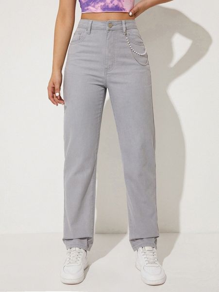 chain detail straight leg pants t6k4#, Black;white