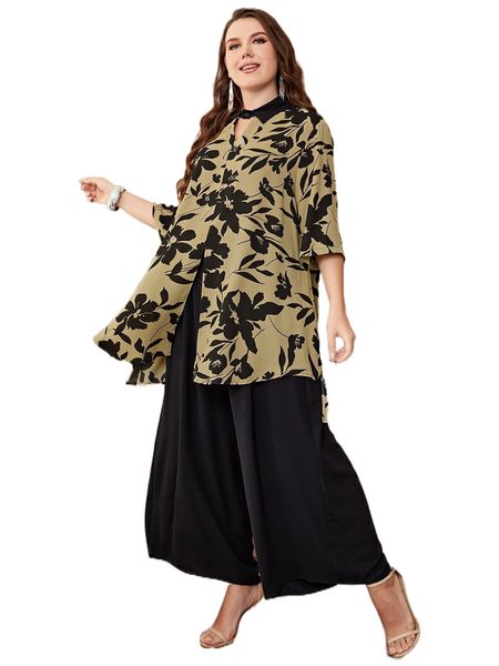 plus floral print split hem blouse & solid wide leg pants a75u#, Black