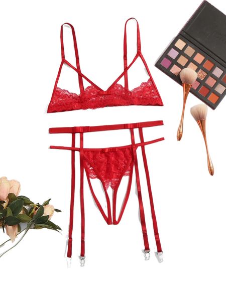3pack contrast lace garter lingerie set 78dz#, Black;red
