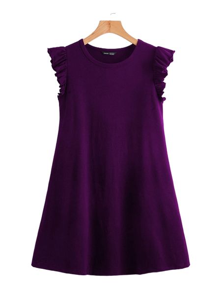ruffle armhole solid dress g9bt#, Black;gray