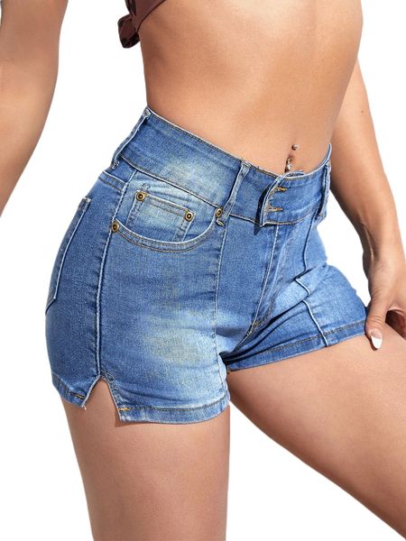 split hem button fly denim shorts 73dl#, White;black