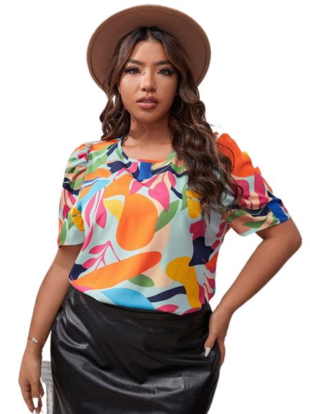 plus graphic print puff sleeve blouse l5q8#, Black