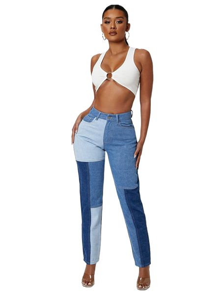 sxy colorblock high waist straight leg jeans a8wy#, Blue
sxy colorblock high waist straight leg jeans a8wy#, Blue