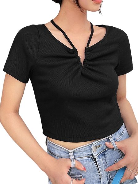 dazy v-ring tie back crop tee t4gs#, White