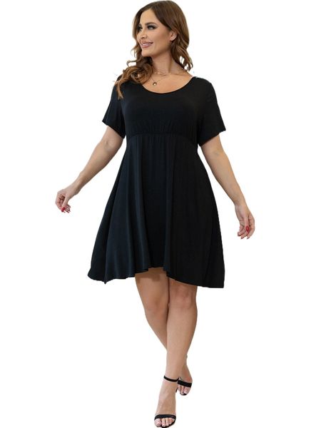 aamilife plus solid round neck dress e0kj#, Black 
aamilife plus solid round neck dress e0kj#, Black