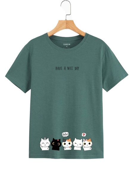 slogan & cartoon graphic tee t3ty#, White