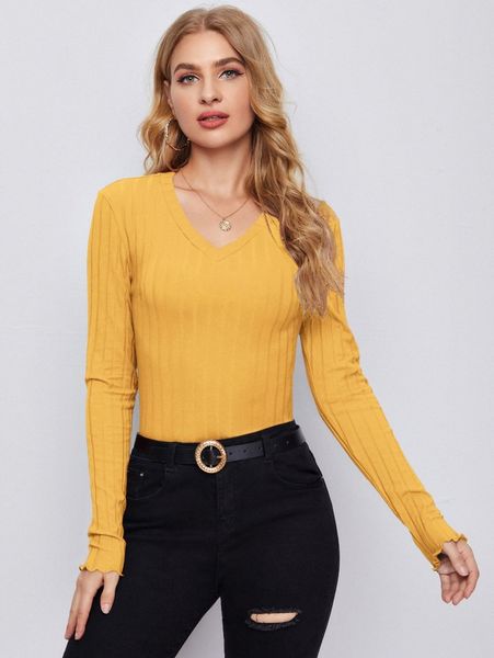 v-neck rib-knit s61x#, White