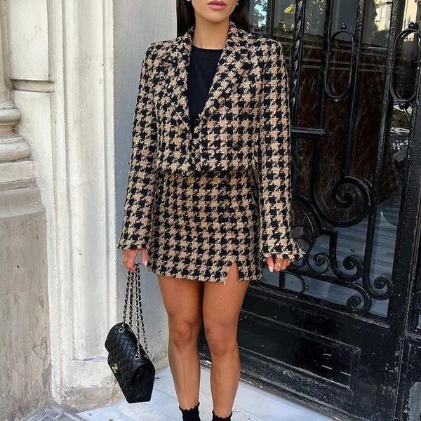 two piece dress women's blazers set cropped jacket coat houndstooth blazer female office ladies vintage suit, White
two piece dress women's blazers set cropped jacket coat houndstooth blazer female office ladies vintage suit, White