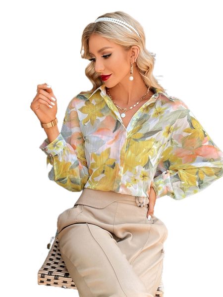 random floral print batwing sleeve chiffon blouse g73z#, White