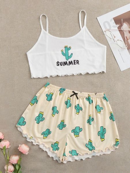cactus & letter graphic lettuce trim cami & shorts pj set g3gi#, Black;red 
cactus & letter graphic lettuce trim cami & shorts pj set g3gi#, Black;red
