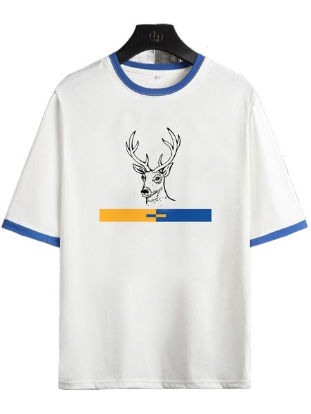 men deer print contrast trim tee r0kh#, White;black