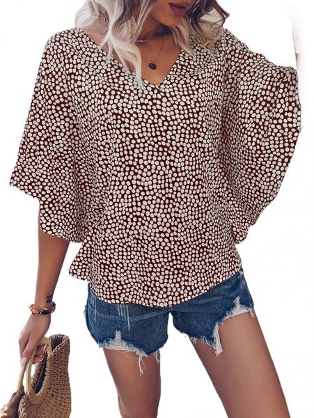 dot print batwing sleeve blouse t60u#, White 
dot print batwing sleeve blouse t60u#, White