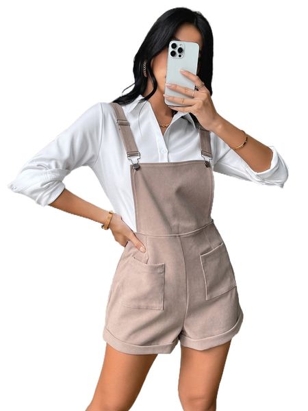 pocket patched roll hem overall romper without blouse x6l4#, Black;white
pocket patched roll hem overall romper without blouse x6l4#, Black;white