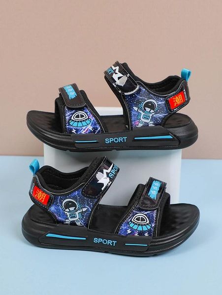 boys spaceman print hook-and-loop fastener sport sandals she, Black;red