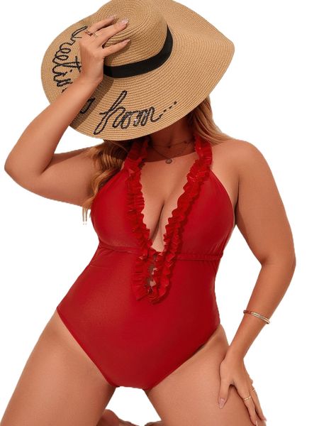 plus frilled backless knot one piece swimsuit g5sp#, White;black