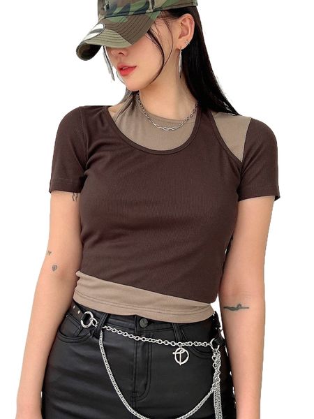 dazy two tone cut out 2 in 1 tee w7lm#, White 
dazy two tone cut out 2 in 1 tee w7lm#, White