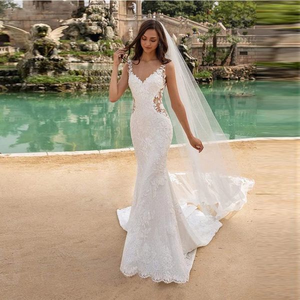 new tulle sleeveless mermaid wedding dress charming v-neck lace appliques illusion backless bridal gown, White
new tulle sleeveless mermaid wedding dress charming v-neck lace appliques illusion backless bridal gown, White