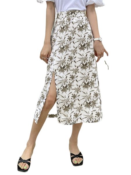 dazy floral print split hem skirt q0ok#, Black