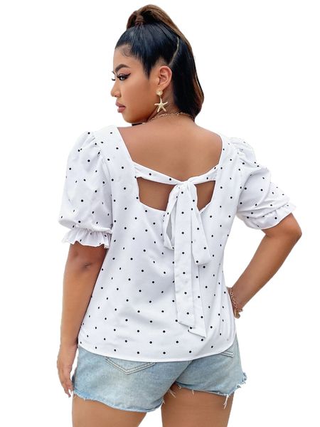 plus polka dot print tie back puff sleeve blouse 07xf#, Black