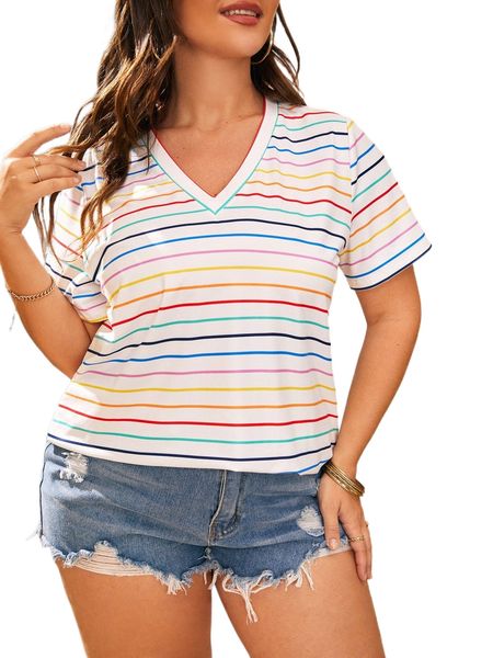 plus block striped v neck tee y0ft#, Black