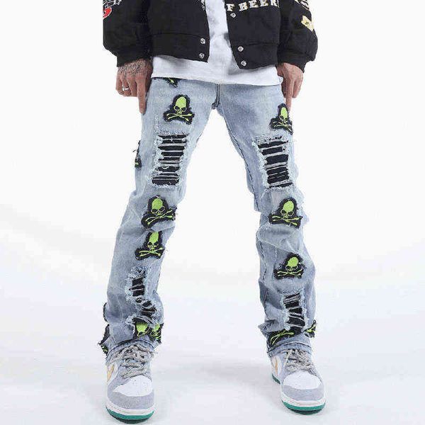 green skeleton embroidery patch ripped jeans men women punk style hip hop vintage distressed men skinny jeans casual denim pants t220803, Blue
green skeleton embroidery patch ripped jeans men women punk style hip hop vintage distressed men skinny jeans casual denim pants t220803, Blue