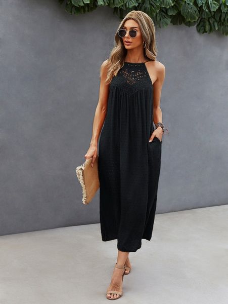 guipure lace insert swiss dot halter dress k2vn#, Black;gray 
guipure lace insert swiss dot halter dress k2vn#, Black;gray