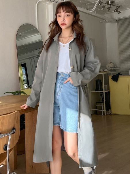 dazy solid button up trench coat u7me#, Tan;black