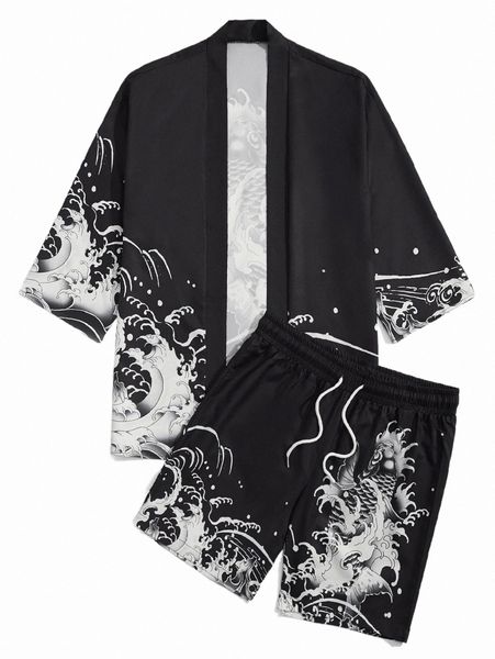 men fish and wave print kimono and shorts set t3xa#, Gray
men fish and wave print kimono and shorts set t3xa#, Gray