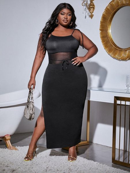 sxy plus tie shoulder mesh insert knot front split thigh cami dress o5vp#, Black 
sxy plus tie shoulder mesh insert knot front split thigh cami dress o5vp#, Black