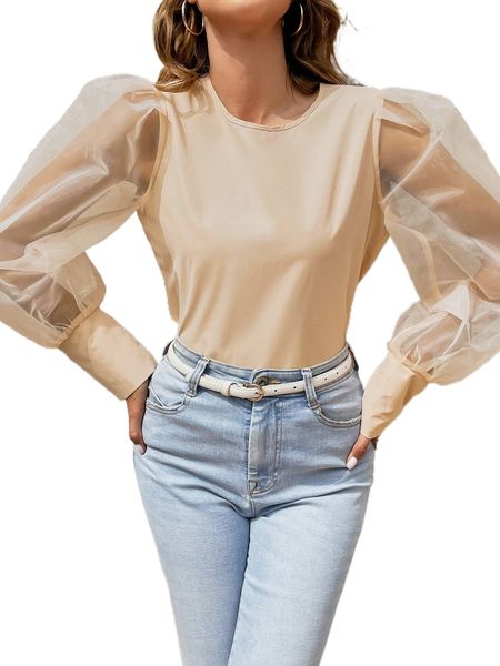 contrast mesh bishop sleeve blouse v7dp#, White
contrast mesh bishop sleeve blouse v7dp#, White