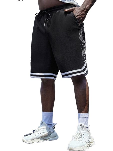 extended sizes men paisley print striped trim drawstring waist shorts u6ny#, White;black