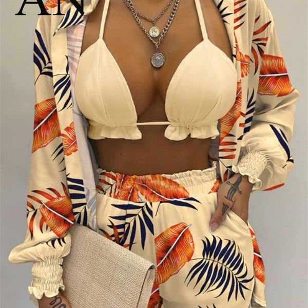 women s summer suit printed lantern sleeve shirt shorts 3pc set swimsui women bikini tracksuit 220706, White
women s summer suit printed lantern sleeve shirt shorts 3pc set swimsui women bikini tracksuit 220706, White