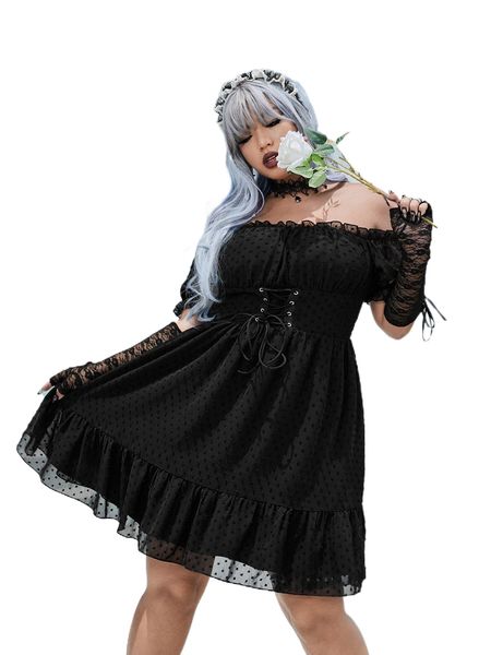 plus swiss dot off shoulder grommet lace up ruffle hem mesh dress without gloves t4no#, Black
plus swiss dot off shoulder grommet lace up ruffle hem mesh dress without gloves t4no#, Black