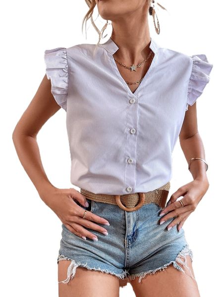 notched neck striped button front ruffle blouse u4tw#, White