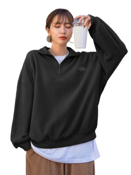 dazy quarter zip letter embroidery drop shoulder fleece sweatshirt i06n#, Black
dazy quarter zip letter embroidery drop shoulder fleece sweatshirt i06n#, Black