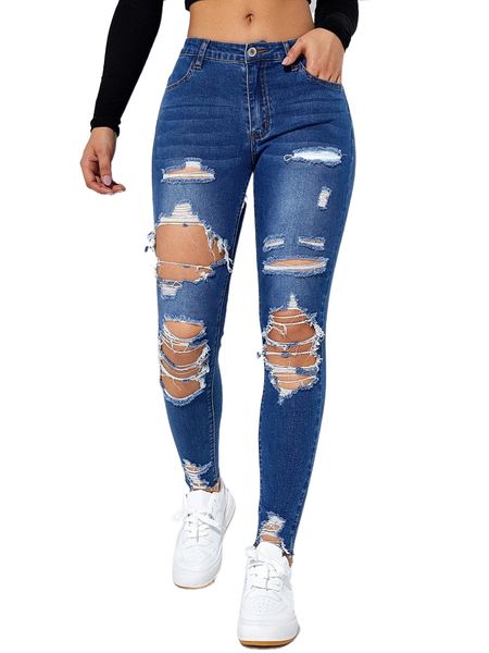 cut out ripped raw hem skinny jeans g0ca#, Blue