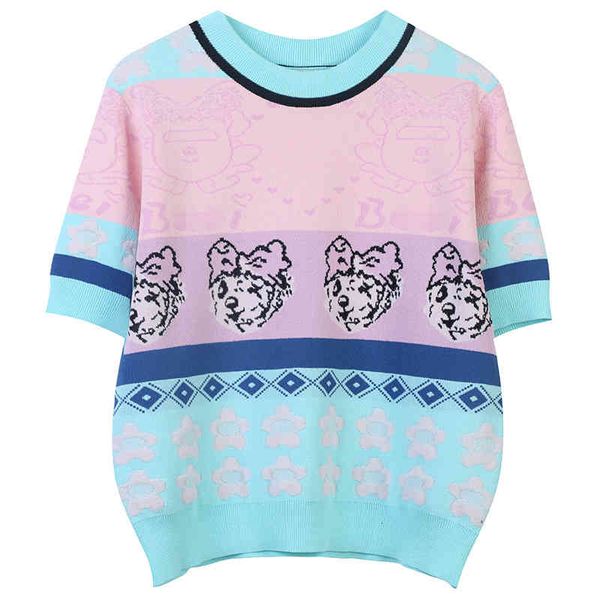 women's sweaters 2022 summer color matching jacquard cartoon blue short sleeve sweater designed by women's minority mc71, White;black
women's sweaters 2022 summer color matching jacquard cartoon blue short sleeve sweater designed by women's minority mc71, White;black