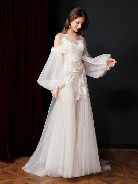 glamorous wedding dresses applique long sleeve floor length wedding dress romantic in summer, White
glamorous wedding dresses applique long sleeve floor length wedding dress romantic in summer, White