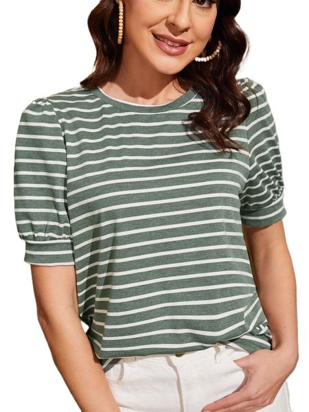 striped print puff sleeve tee 46lx#, White 
striped print puff sleeve tee 46lx#, White