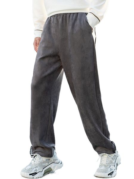 men slant pocket drawstring hem suede pants l6wn#, Black