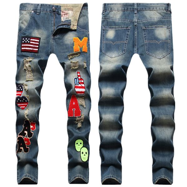 jeans men slim fit embroidery ripped straight biker denim pants big size motocycle men's hip hop trousers for male, Blue
jeans men slim fit embroidery ripped straight biker denim pants big size motocycle men's hip hop trousers for male, Blue