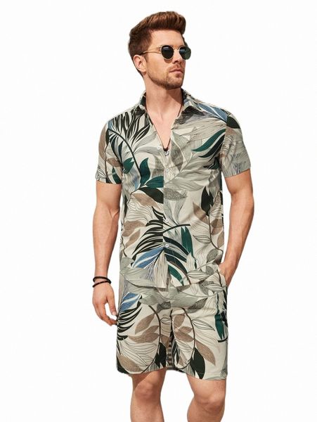 men tropical print shirt & drawstring waist shorts j0zz#, Gray 
men tropical print shirt & drawstring waist shorts j0zz#, Gray
