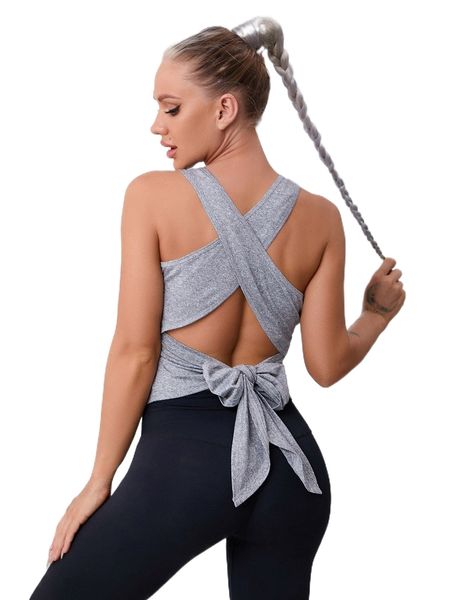 criss cross tie back sports tank 34zx#, Gray