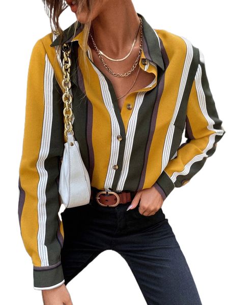 block striped button front shirt i67m#, White 
block striped button front shirt i67m#, White