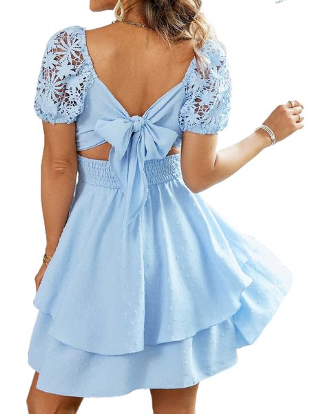 simplee swiss dot shirred tie back contrast guipure lace puff sleeve dress k29v#, Black;gray
simplee swiss dot shirred tie back contrast guipure lace puff sleeve dress k29v#, Black;gray