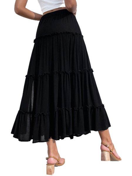 high waist layered hem split thigh skirt a0fg#, Black
high waist layered hem split thigh skirt a0fg#, Black