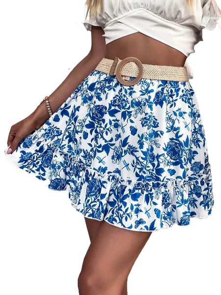 floral print frill trim skirt without belt z7gn#, Black