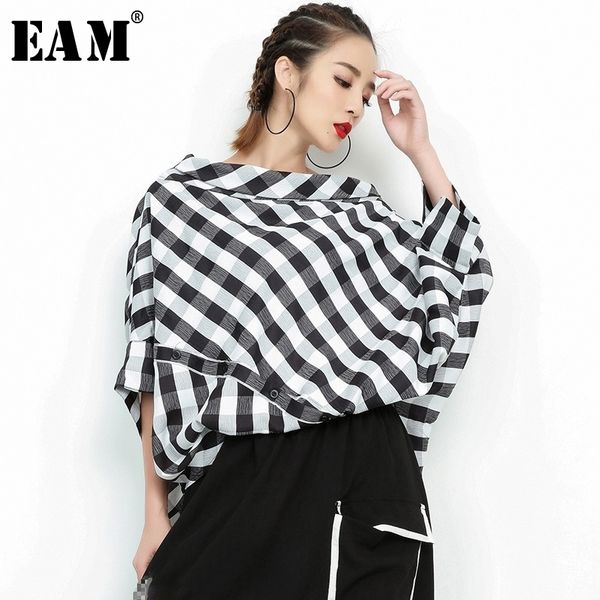 eam spring summer slash neck threequarter sleeve plaid split joint loose big size shirt women bouse fashion jf938 y200422, White 
eam spring summer slash neck threequarter sleeve plaid split joint loose big size shirt women bouse fashion jf938 y200422, White