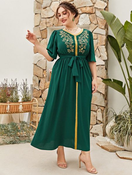 plus plants embroidery contrast tape belted dress t76h#, Black